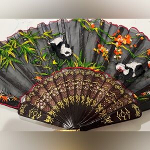 Embroidered Panda and Floral Hand Fan
